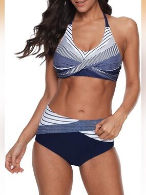 Zando Halter Push-Up Bikini Set - Dark Blue Stripes (Size S / 2-4)